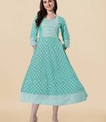 Teal White Block Print Mirror Work Rayon Kurta