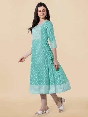 Teal White Block Print Mirror Work Rayon Kurta 2