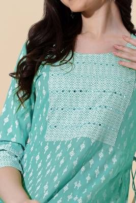 Teal White Block Print Mirror Work Rayon Kurta 3