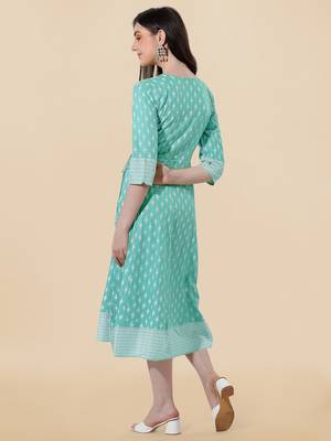 Teal White Block Print Mirror Work Rayon Kurta 4