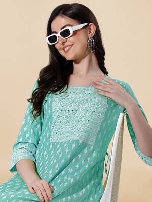 Teal White Block Print Mirror Work Rayon Kurta 5