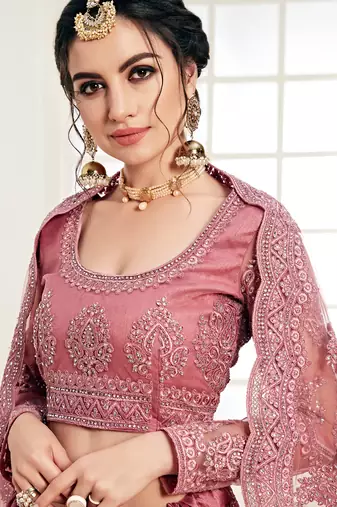 Rose Pink Net Embroidery Designer Lehenga choli