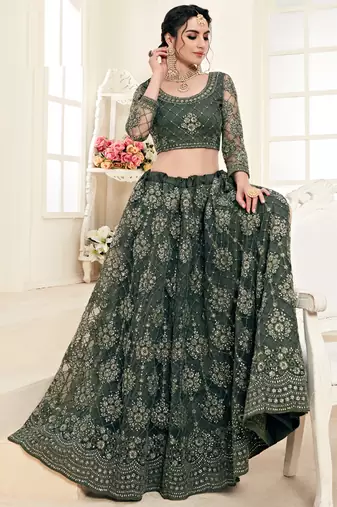 Mehendi Green Net Embroidery Designer Lehenga choli