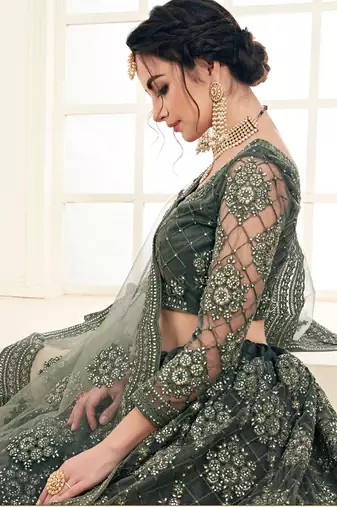 Mehendi Green Net Embroidery Designer Lehenga choli