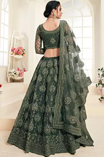 Mehendi Green Net Embroidery Designer Lehenga choli