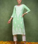 women green viscose rayon solid embroidered straight kurta
