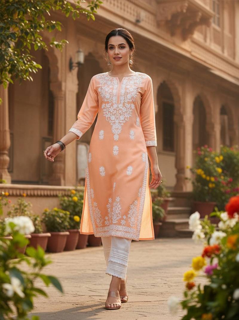 women peach viscose rayon solid embroidered chikankari straight kurta