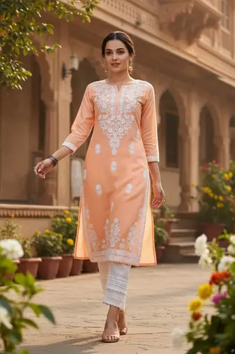 women peach viscose rayon solid embroidered chikankari straight kurta