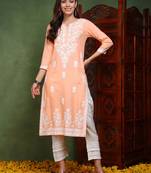 women peach viscose rayon solid embroidered chikankari straight kurta