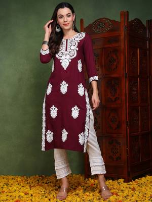 women burgundy viscose rayon solid embroidered chikankari straight kurta 1