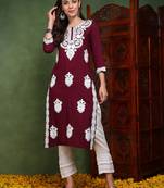 women burgundy viscose rayon solid embroidered chikankari straight kurta