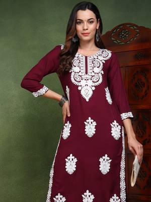 women burgundy viscose rayon solid embroidered chikankari straight kurta 3
