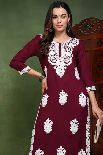 women burgundy viscose rayon solid embroidered chikankari straight kurta