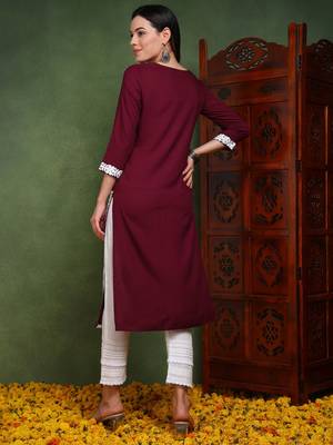 women burgundy viscose rayon solid embroidered chikankari straight kurta 4