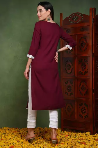 women burgundy viscose rayon solid embroidered chikankari straight kurta