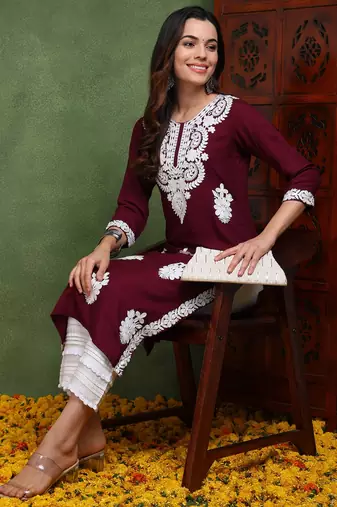 women burgundy viscose rayon solid embroidered chikankari straight kurta