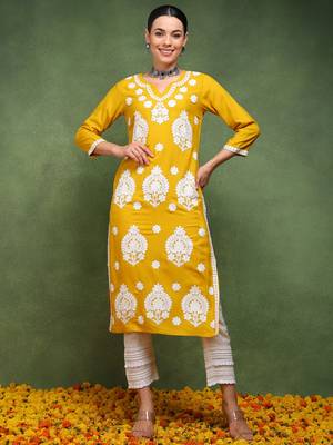 women mustard viscose rayon solid embroidered straight kurta 1