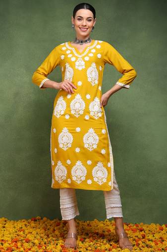 women mustard viscose rayon solid embroidered straight kurta