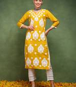 women mustard viscose rayon solid embroidered straight kurta