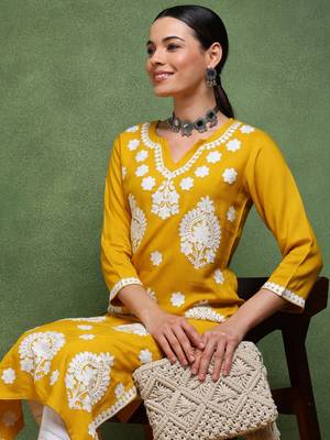 women mustard viscose rayon solid embroidered straight kurta 2