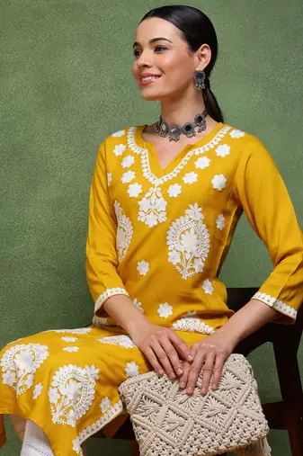 women mustard viscose rayon solid embroidered straight kurta