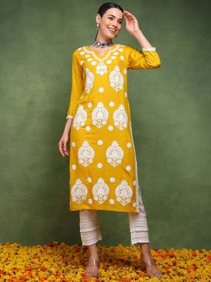 women mustard viscose rayon solid embroidered straight kurta 3