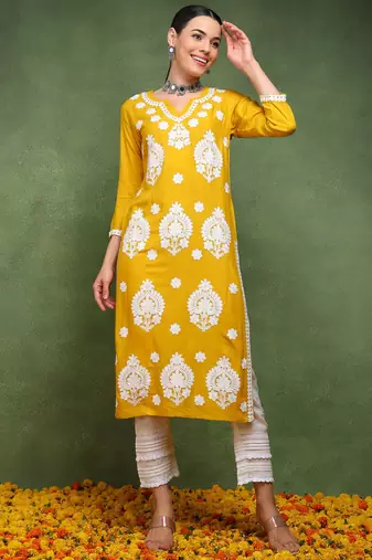 women mustard viscose rayon solid embroidered straight kurta