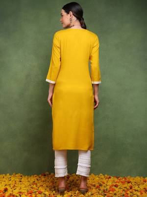 women mustard viscose rayon solid embroidered straight kurta 4