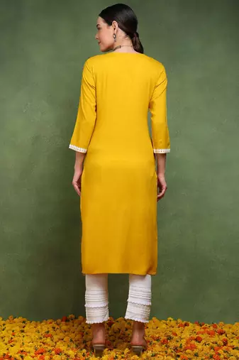 women mustard viscose rayon solid embroidered straight kurta