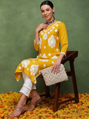 women mustard viscose rayon solid embroidered straight kurta 5