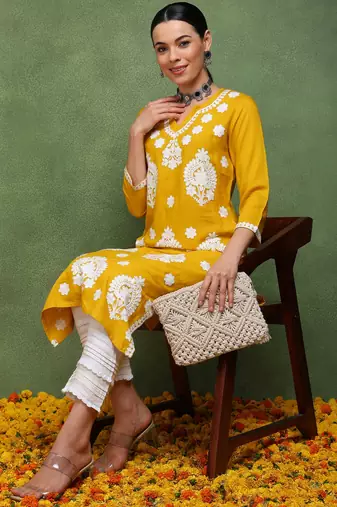 women mustard viscose rayon solid embroidered straight kurta