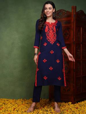 women blue viscose rayon solid embroidered chikankari straight kurta 1