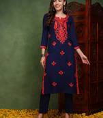 women blue viscose rayon solid embroidered chikankari straight kurta