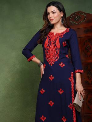 women blue viscose rayon solid embroidered chikankari straight kurta 2