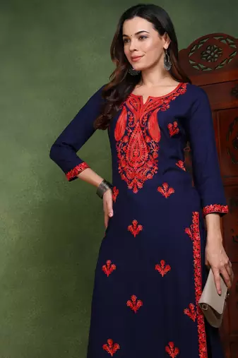 women blue viscose rayon solid embroidered chikankari straight kurta