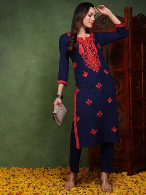 women blue viscose rayon solid embroidered chikankari straight kurta 3