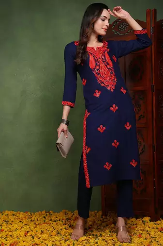 women blue viscose rayon solid embroidered chikankari straight kurta