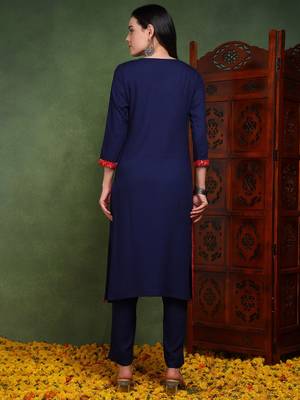 women blue viscose rayon solid embroidered chikankari straight kurta 4