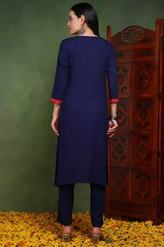 women blue viscose rayon solid embroidered chikankari straight kurta