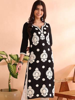 women black viscose rayon solid embroidered straight kurta 1