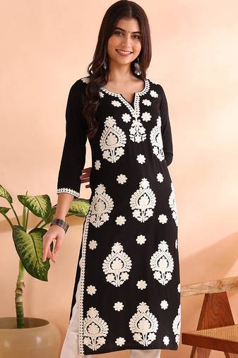 women black viscose rayon solid embroidered straight kurta