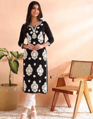 women black viscose rayon solid embroidered straight kurta 3