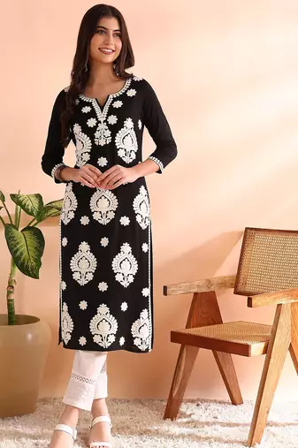 women black viscose rayon solid embroidered straight kurta