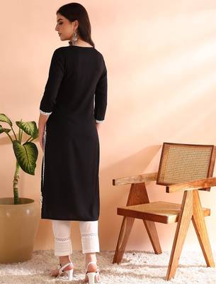 women black viscose rayon solid embroidered straight kurta 4