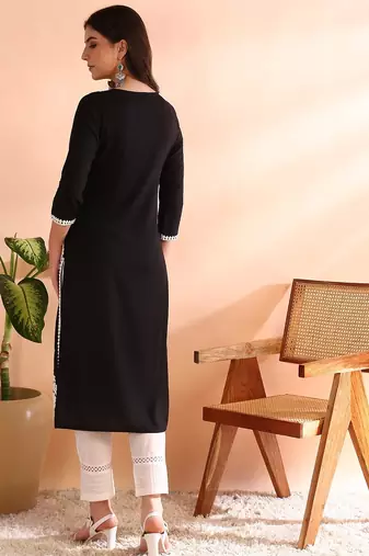 women black viscose rayon solid embroidered straight kurta