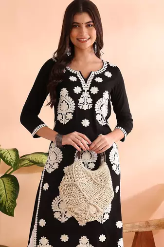 women black viscose rayon solid embroidered straight kurta