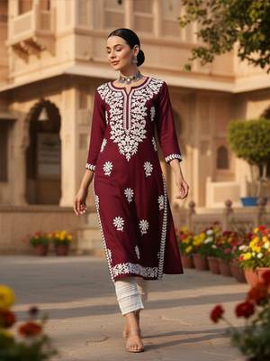 women burgundy rayon blend solid embroidered straight kurta 1