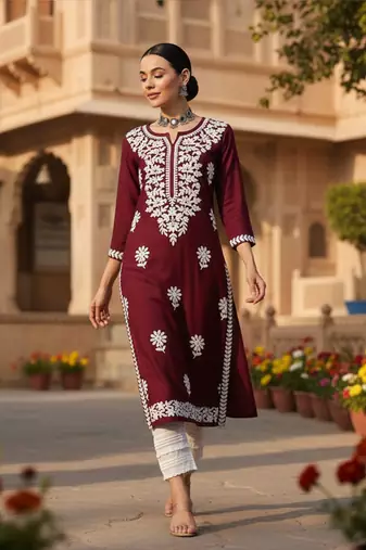 women burgundy rayon blend solid embroidered straight kurta