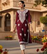 women burgundy rayon blend solid embroidered straight kurta
