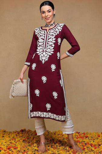 women burgundy rayon blend solid embroidered straight kurta